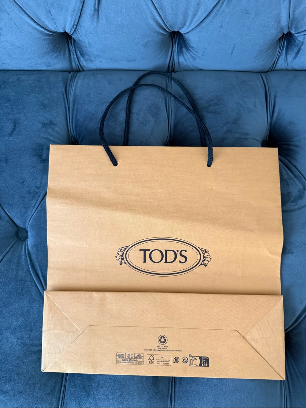 Medium Tod's Tan Paper Shopping Bag with Black Logo and Handles size 14X14